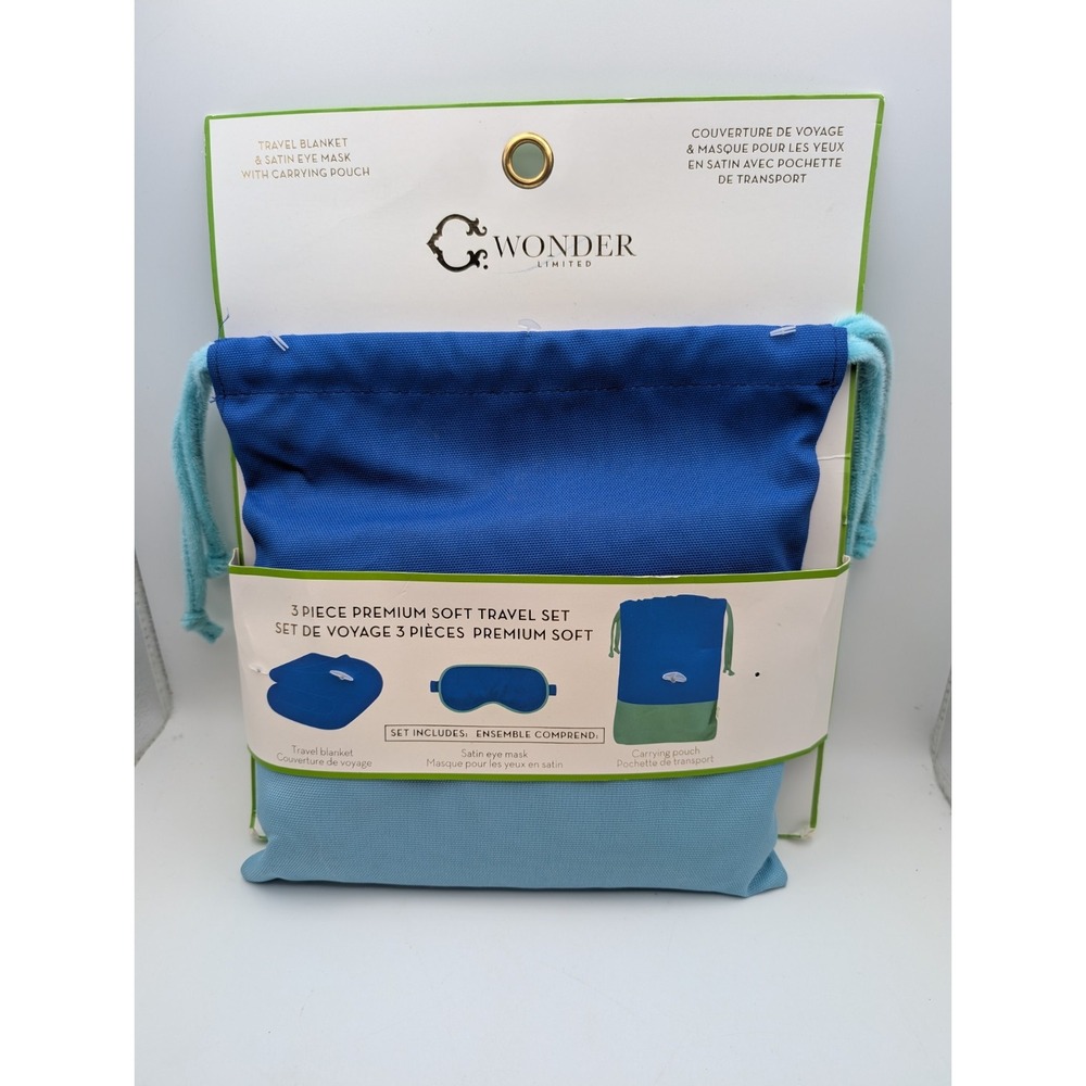 WONDER LIMITED Limited 3 Piece Travel Set Bag Blanket Satin Eye Mask,‎ New